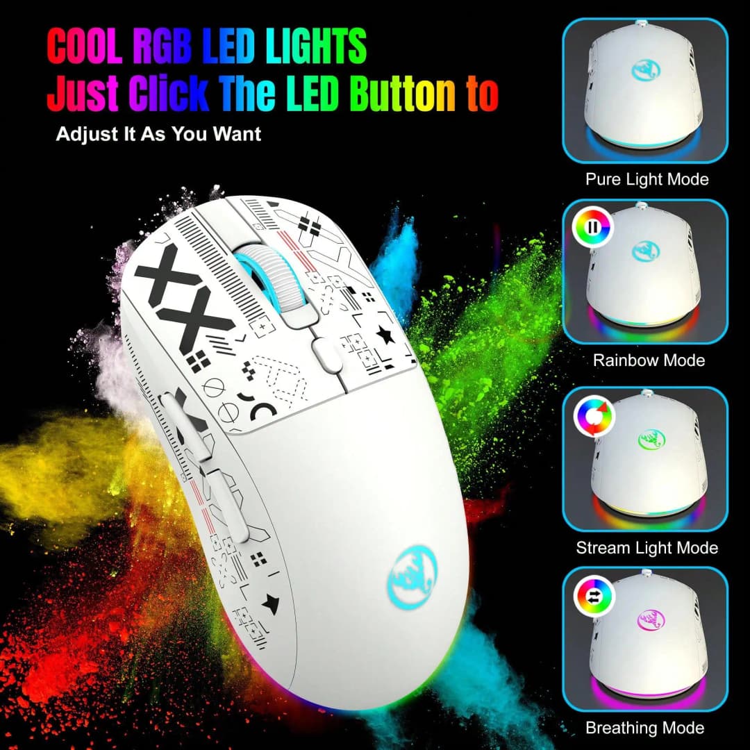 ماوس ألعاب HXSJ T90 بإضاءة خلفية RGB، سلكي وبلوتوث 2.4G، بطارية 650mAh، 500 مليون نقرة، حتى 4000 DPI - 4
