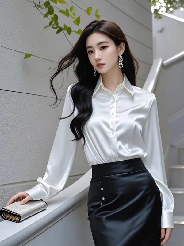Elegant Satin Long Sleeve Women's Shirt for Job Interview Commute Professional Formal Top Base Layer  Collar Businesswear - 2