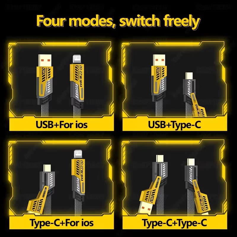 شاحن سريع 65W كابل USB نابض 4 في 1 كابل بيانات نابض 6A USB Type C سلك تلسكوبي نابض لهواتف آيفون آيباد ماك بوك هواوي - 4
