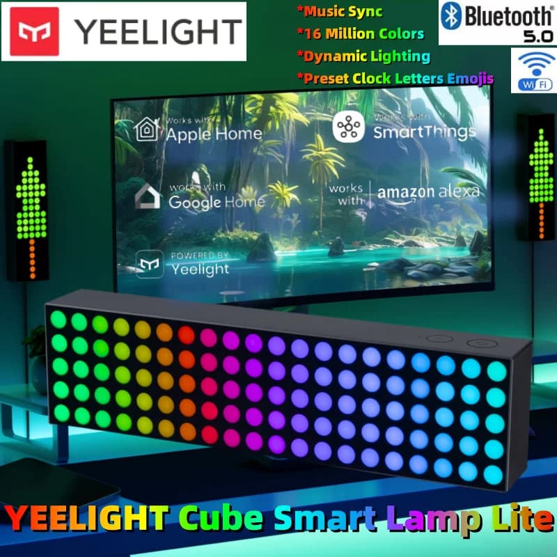 مكعب إضاءة ذكي من YEELIGHT، إضاءة ديناميكية RGB، مزامنة الموسيقى، إعدادات مسبقة للساعة/الحروف/الرموز التعبيرية، متوافق مع Apple Home وAlexa وتطبيق Google