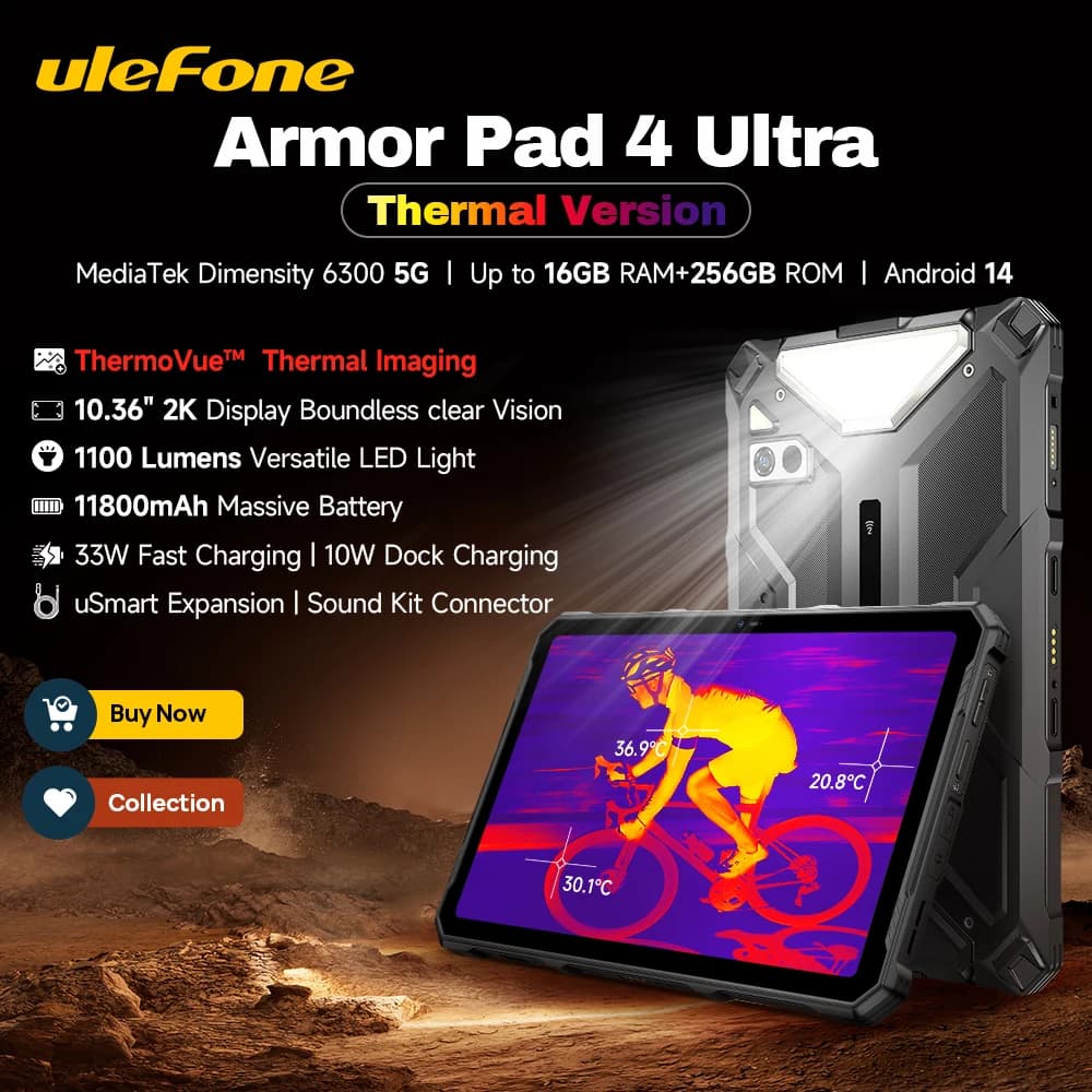 جهاز لوحي Ulefone Armor Pad 4 Ultra 5G متين: تصوير حراري، شاشة 10.36" 2K، حتى 16GB RAM و256GB ROM، أندرويد، بطارية 11800mAh