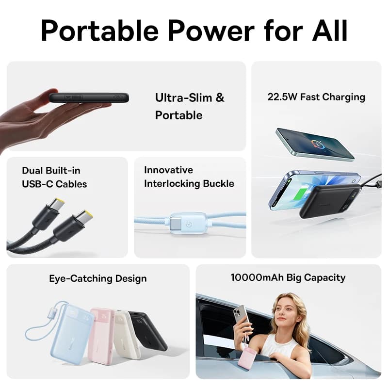 بنك طاقة Baseus سعة 10000 مللي أمبير مع كابل USB-C مزدوج وشحن سريع - 6