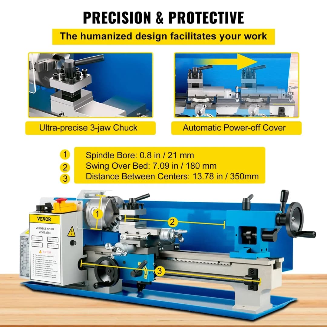 VEVOR Mini Metal Lathe 7"x12" Metalworking Woodworking Gears Motorized Milling 2250RPM - 4