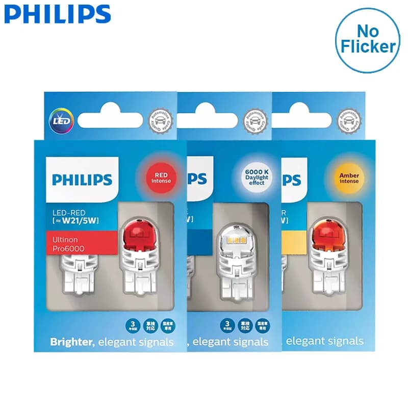 مصابيح إشارة التوقف والالتفاف الأصلية للسيارة Philips LED W21/5W 7443 T20 Ultinon Pro6000 بملامسين، لون أحمر وأبيض وكهرماني، رقم القطعة 11066، بدون أخطاء