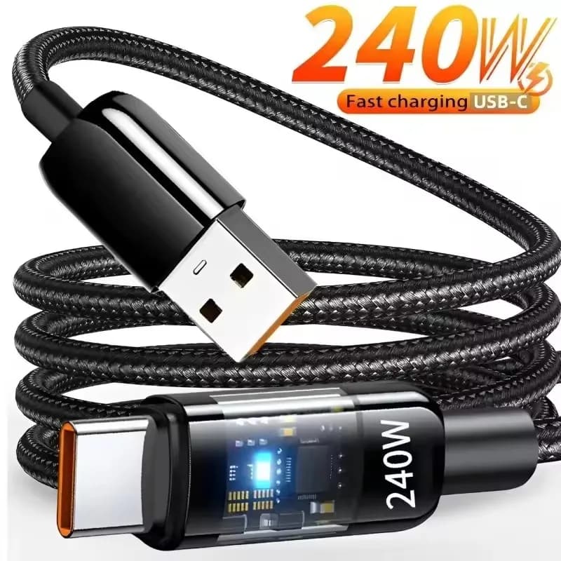كابل شحن فائق السرعة 240 واط QC 3.0 يو اس بي إلى تايب سي لهواتف سامسونج وشاومي وهواوي مع شاشة عرض رقمية ليد وشاحن بيانات
