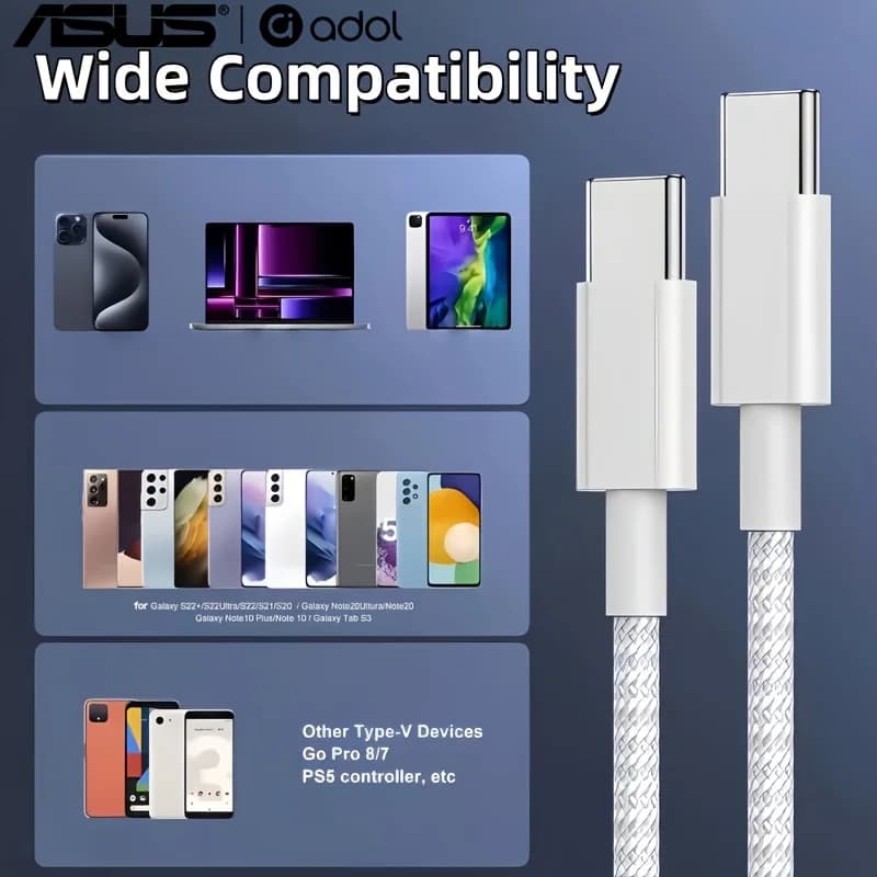 كابل أسوس Type C إلى Type C، شحن سريع PD 60 واط، طول 1 متر أو 2 متر، متوافق مع آيفون 16 و17 وسامسونج وهواوي - 6