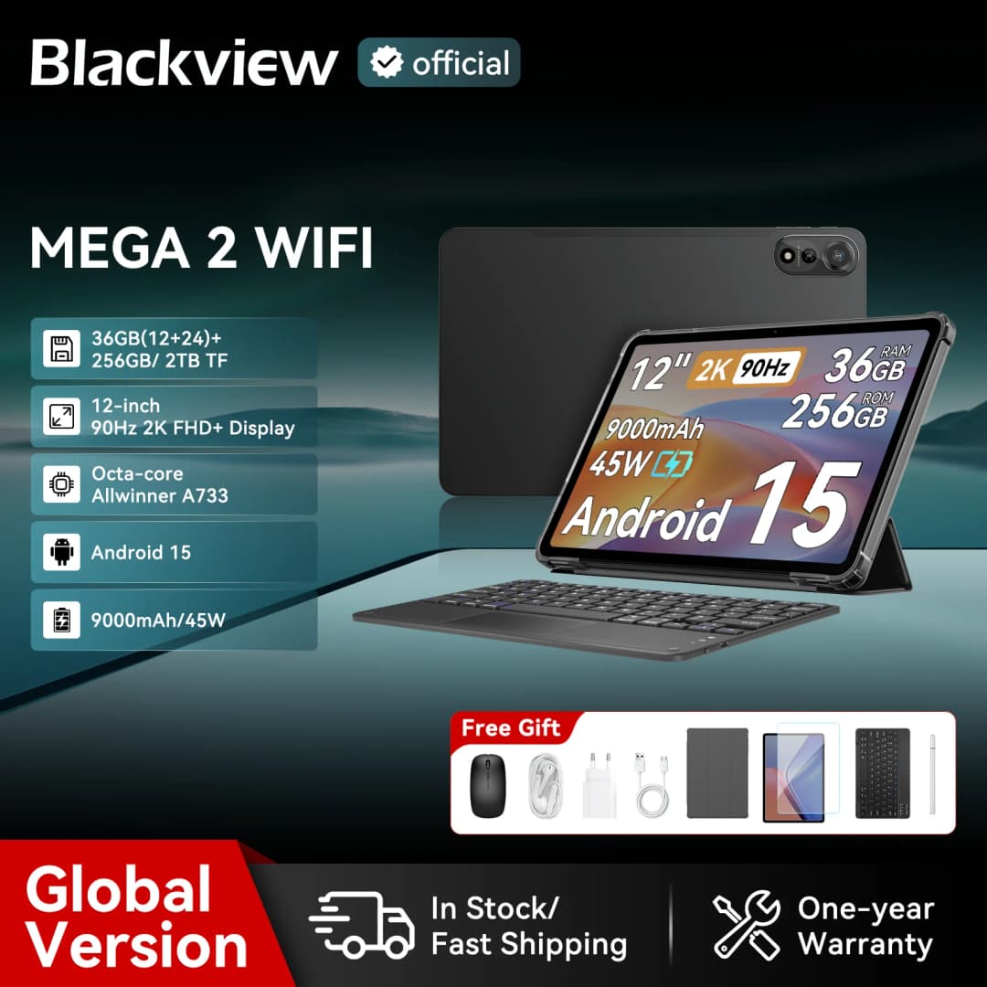 جهاز لوحي Blackview MEGA 2، شاشة 12 بوصة 2K FHD+، معالج Unisoc T615، ذاكرة رام 12 جيجابايت، ذاكرة داخلية 256 جيجابايت، بطارية 9000 مللي أمبير، كاميرا 16 ميجابكسل، نظام أندرويد 15