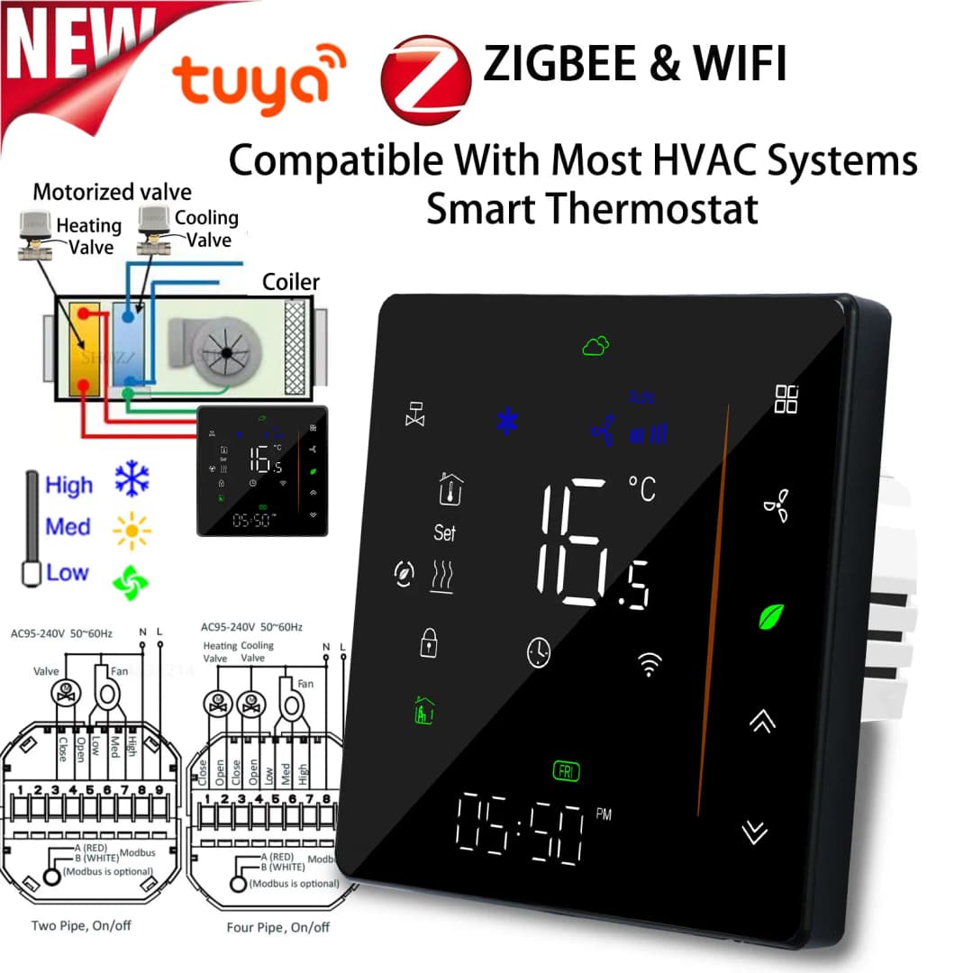 تحكم ذكي في درجة الحرارة من Tuya ZigBee بشاشة رقمية، ترموستات Hvac بثلاث سرعات للتبريد والتدفئة، للتحكم في مكيف الهواء