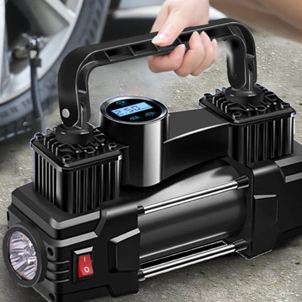 مضخة هواء كهربائية للسيارات 12V 150PSI، منفاخ إطارات مزدوج الأسطوانة مع إضاءة LED
