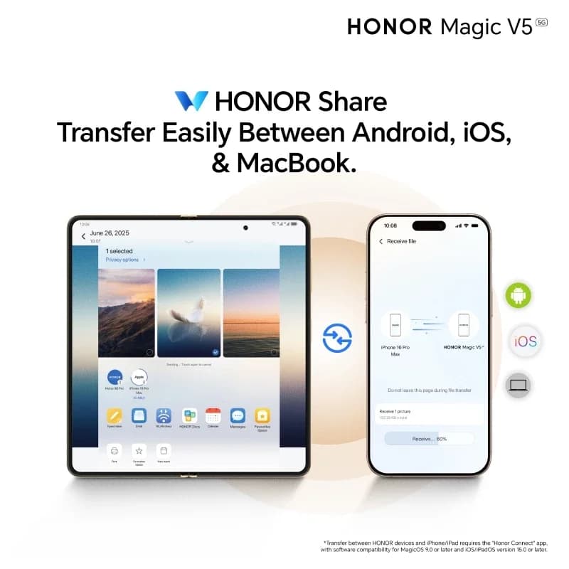 هونر ماجيك V5 16 جيجابايت+512 جيجابايت نسخة عالمية هاتف ذكي 5G بشاشة قابلة للطي OLED بمعدل تحديث 120 هرتز ومعالج سنابدراجون 8 إيليت وبطارية 5820 مللي أمبير وشحن فائق السرعة 66 واط وNFC - 6