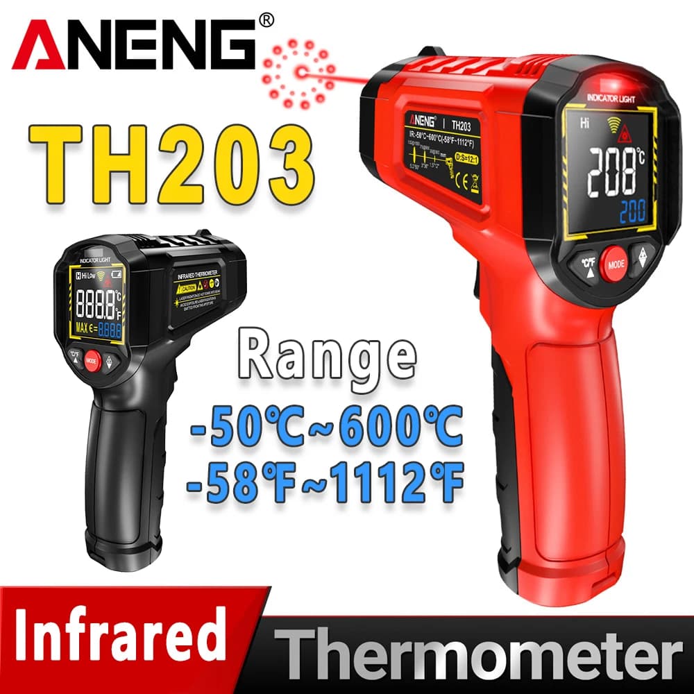 مقياس حرارة الأشعة تحت الحمراء الرقمي من أنينج TH203 -50~600℃ مقياس حرارة غير تلامسي جهاز اختبار مقياس رطوبة أداة صناعية