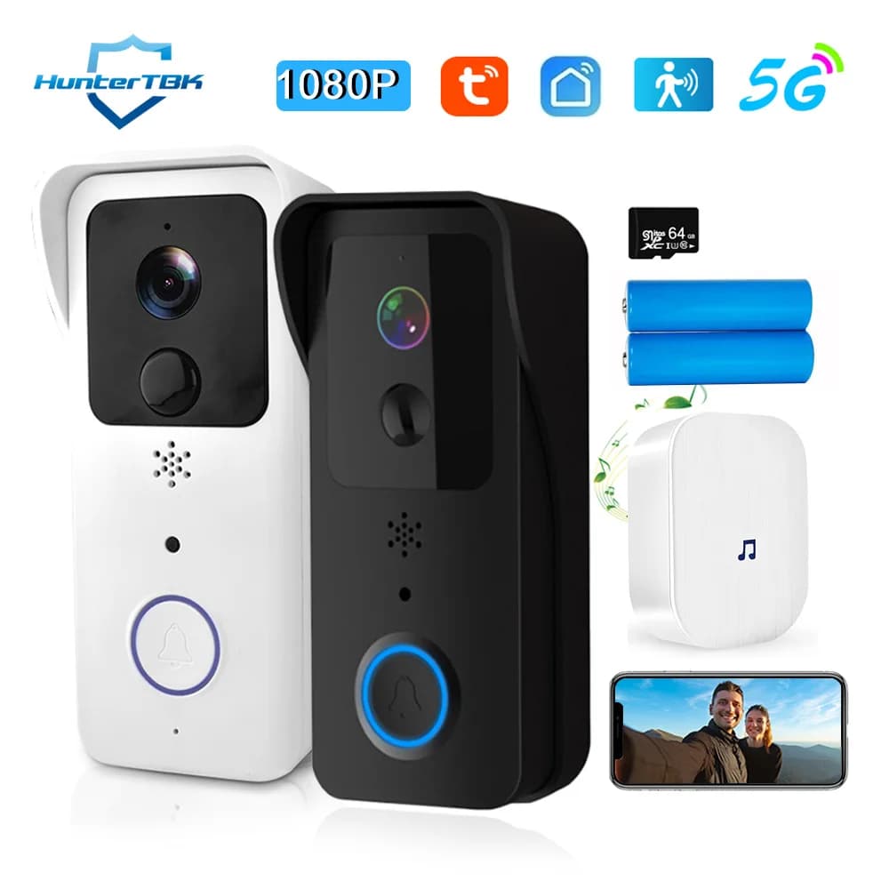 جرس باب فيديو WiFi بدعم 5G و2.4G، دقة 1080P، Tuya Smart، إنتركوم لاسلكي، كاميرا مقاومة للماء