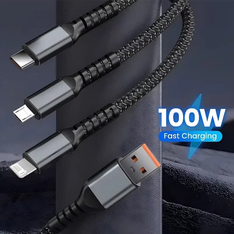 كابل شحن فائق السرعة شفاف 100 واط 3 في 1 مصباح طيار عالمي 6A مع نوع C وUsb Micro لهاتف Iphone وXiaomi وSamsung وHuawei - 3