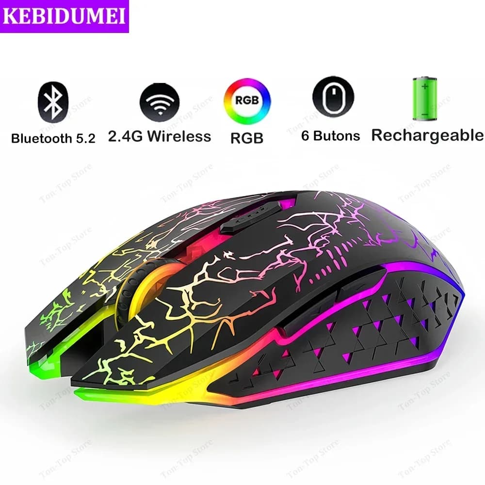 ماوس بلوتوث 5.2 مع إضاءة RGB، 2.4G، ثنائي الوضع، 6 أزرار، صامت، مناسب للكمبيوتر المحمول وماك بوك والأجهزة اللوحية