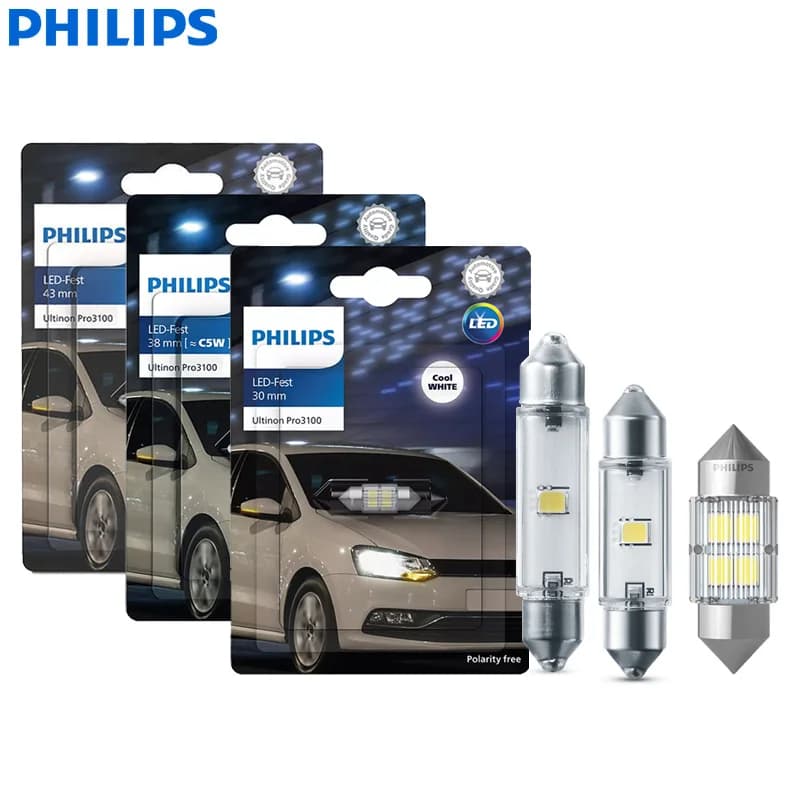 مصابيح إشارة لوحة القيادة الداخلية للسيارة من فيليبس Ultinon Pro3100 LED، C5W، 30mm، 38mm، 43mm، 6000K، أبيض بارد، طراز جديد، 1x