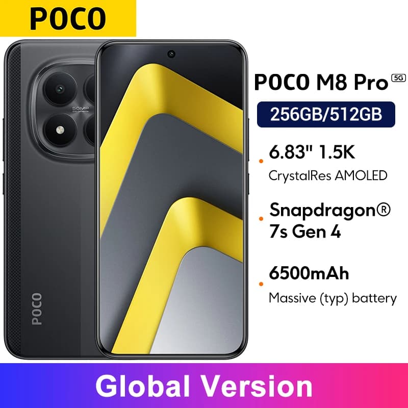 هاتف ذكي POCO M8 Pro نسخة عالمية كاميرا رئيسية 50 ميجابكسل معالج Snapdragon® 7s الجيل الرابع شاشة 6.83 بوصة CrystalRes AMOLED