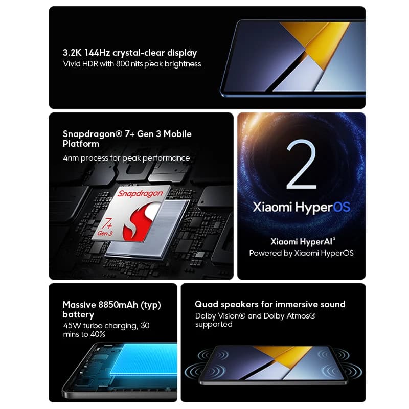 POCO Pad X1 نسخة عالمية معالج Snapdragon® 7+ Gen 3 كاميرا 13MP شحن سريع 45W بطارية 8850mAh شاشة 11.2 بوصة 3.2K وضوح بلوري - 3