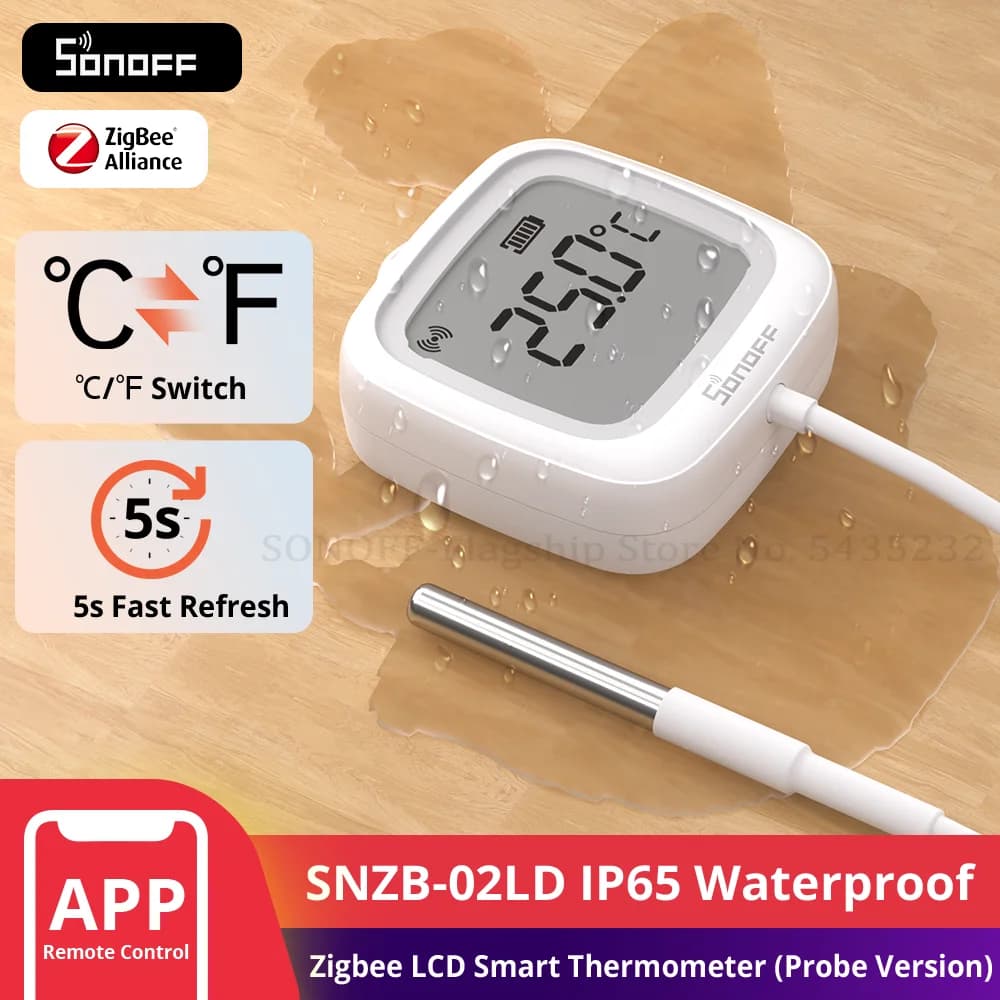 مقياس حرارة ذكي من SONOFF SNZB-02LD IP65 يعمل بتقنية Zigbee مع شاشة LCD ومسبار لقياس درجة حرارة السوائل في حمامات السباحة وأحواض الاستحمام والثلاجات والفريزر