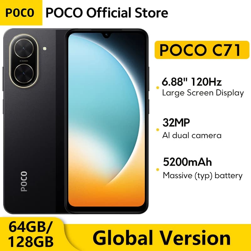 هاتف POCO C71 نسخة عالمية معالج UNISOC T7250 شاشة غامرة 6.88 بوصة كاميرا مزدوجة 32 ميجابكسل AI شحن 15 واط بطارية 5200 مللي أمبير