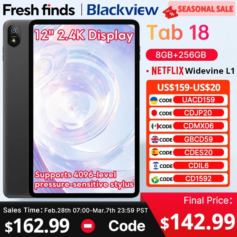 جهاز لوحي Blackview Tab 18 بشاشة 12 بوصة 2.4K FHD+، 8GB رام 256GB روم، بطارية 8800mAh شحن 33W، Widevine L1، معالج MTK Helio G99، لوحة حساسة للضغط