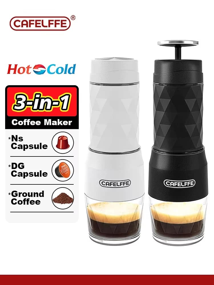آلة قهوة محمولة 3 في 1 من Cafelffe، صانع إسبريسو يدوي للماء الساخن والبارد، مناسبة للكبسولات والقهوة المطحونة، مثالية للسفر والمشي