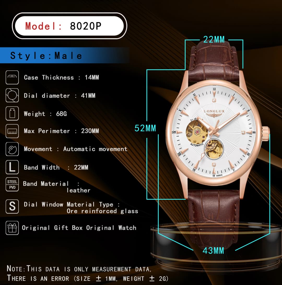 LONGLUX automatic watch elegant style wholesale mechanical wristwatches skeleton rome waterproof  mens watch men gift - 5