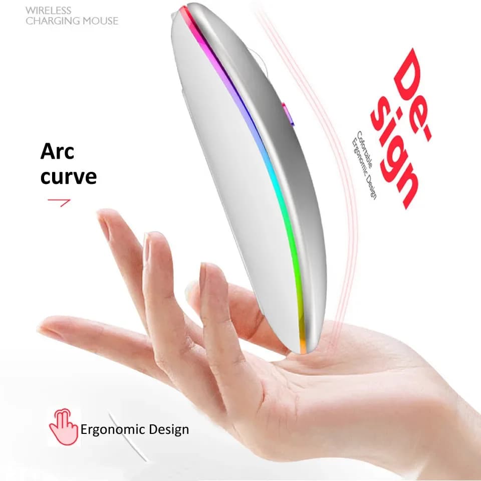 ماوس لاسلكي متوافق مع البلوتوث، ماوس كمبيوتر صامت بإضاءة LED خلفية، ماوس ألعاب مريح قابل لإعادة الشحن مع إضاءة RGB - 6