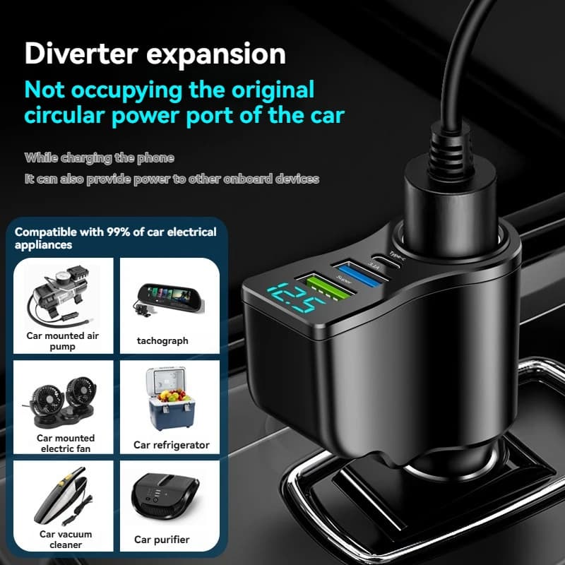 شاحن سيارة جديد بشاشة رقمية، شحن سريع، شاحن سيارة مزدوج USB، ولاعة سجائر من واحدة إلى ثلاث، شاحن سيارة متعدد الوظائف 66 واط - 4