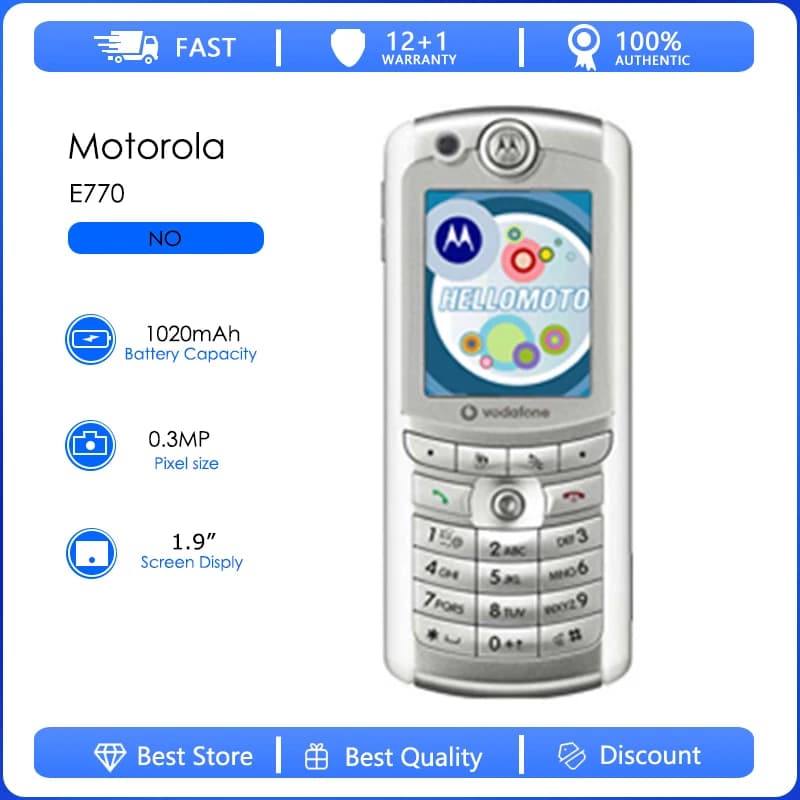 هاتف موتورولا E770 E770V مجدد - أصلي، كاميرا 0.3 ميجابكسل، بطارية قابلة للفصل 1020 مللي أمبير في الساعة، بالجملة مع شحن مجاني، يدعم الإنجليزية فقط