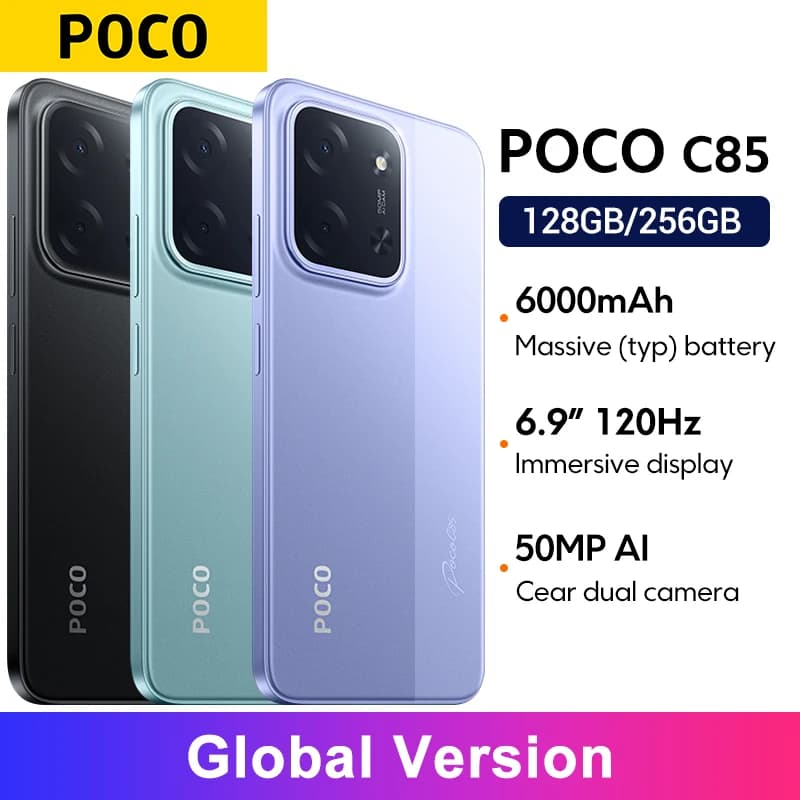 هاتف POCO C85 الإصدار العالمي بطارية 6000mAh وكاميرا 50MP وشحن سريع 33W ومعالج Helio G81-Ultra وNFC وشاشة 6.9 بوصة Dot Drop