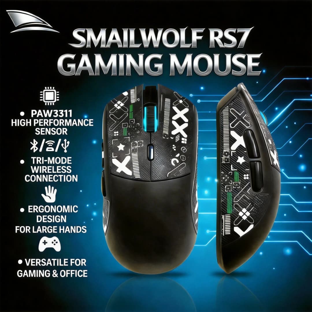 ماوس لاسلكي بلوتوث SMAILWOLF RS7، وضع ثلاثي للألعاب، مناسب لأجهزة الكمبيوتر المحمولة والمكتبية، PAW3311، مناسب للأيدي الكبيرة