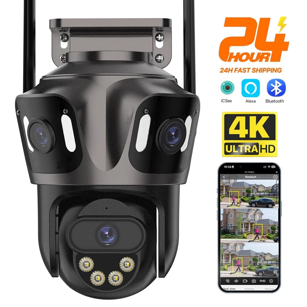 كاميرا IP بشاشة ثلاثية واي فاي خارجية 4K بعدسة مزدوجة كاميرا PTZ كشف بشري ذكي مقاومة للماء IP66 كاميرا مراقبة فيديو أمنية iCsee