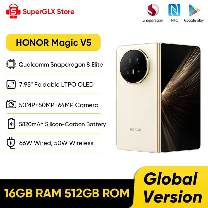 Original HONOR Magic V5 Global Version Snapdragon 8 Elite 7.95" Dual HDR OLED Display 5820mAh Battery 66W SuperCharge NFC eSIM