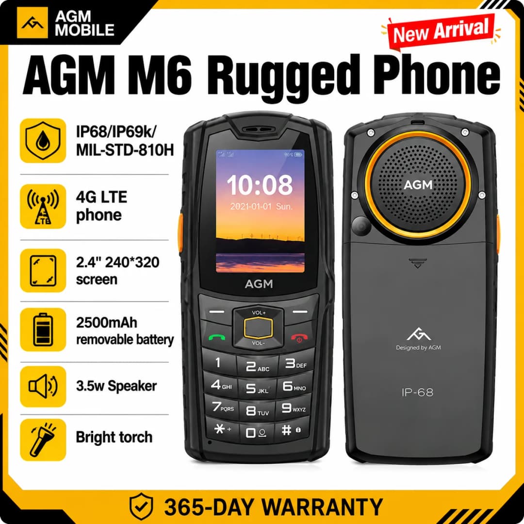 هاتف AGM M6 متين بمكبر صوت عالي 103dB شاشة 2.4 بوصة 4G ثنائي الشريحة بطارية 2500mAh بلوتوث 5.1 راديو FM IP68/IP69K - هاتف مناسب لكبار السن