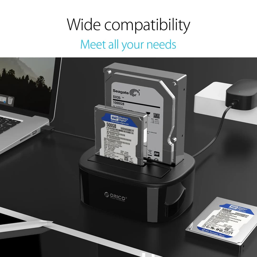 ORICO Dual-bay Hard Drive Docking Station for 2.5/3.5 Inch HDD SSD SATA to USB 3.0 HDD Docking Station with 12V3A Power Adapter - 2