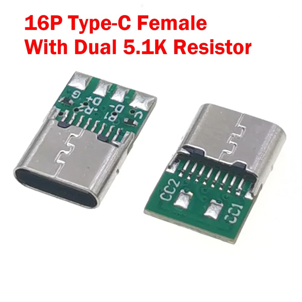 موصلات USB Type-C أنثى مع مقاومات مزدوجة 5.1K، 16 دبوس، طرفيات كهربائية للحام، كابل بيانات DIY يدعم لوحة PCB