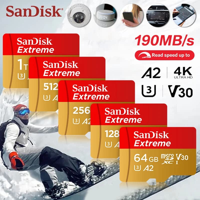 SanDisk Extreme A2 V30 4K MicroSD Memory Card for Drones Phone Dash Cam Max190Mb/s microSDXC Flash TF Card 32GB 64GB 128GB 256GB - 4