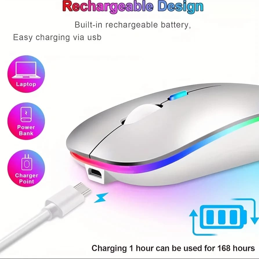 فأرة لاسلكية رفيعة جداً قابلة لإعادة الشحن مع إضاءة LED، وضع مزدوج (بلوتوث و 2.4G)، متوافقة مع آيباد، لابتوب، كمبيوتر، ماك، ويندوز - 3