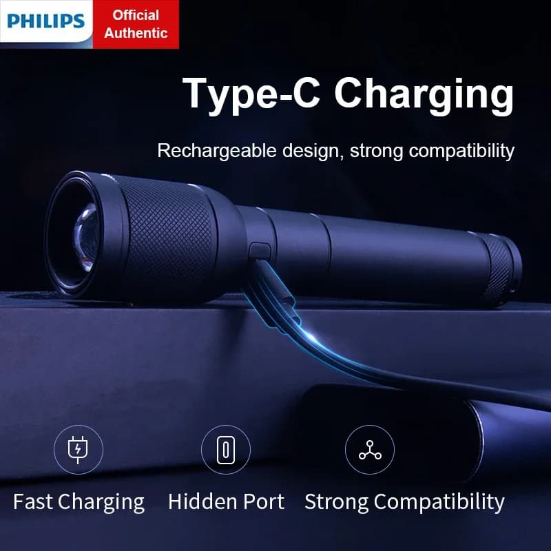 كشاف Philips SFL6168 مع تكبير وشحن USB وبطارية 18650، كشافات محمولة، مصباح قابل لإعادة الشحن للدفاع عن النفس والتخييم - 2