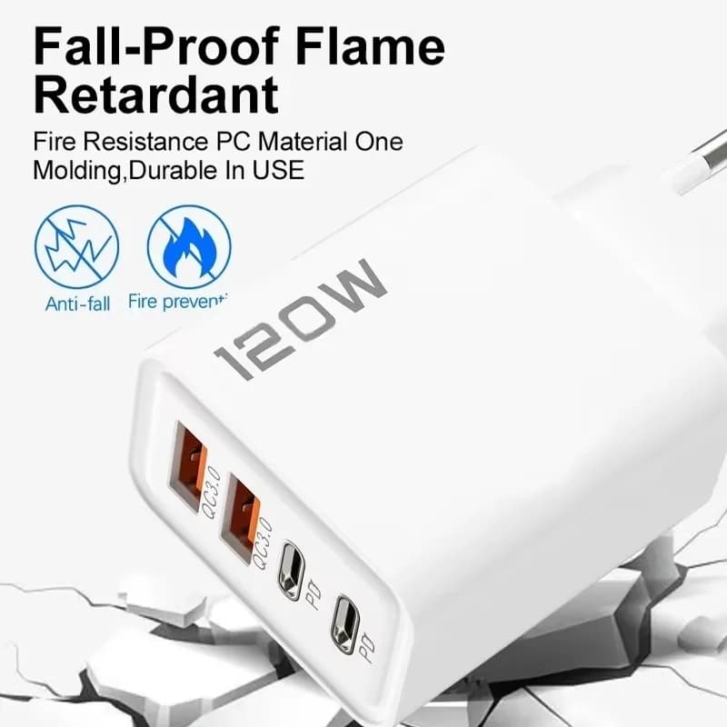 120 واط 4 منافذ USB نوع C شاحن شحن سريع كابل بيانات USB مهايئ شاحن الهاتف لسامسونج آيفون Xiaomi هواوي شاحن الجدار - 4