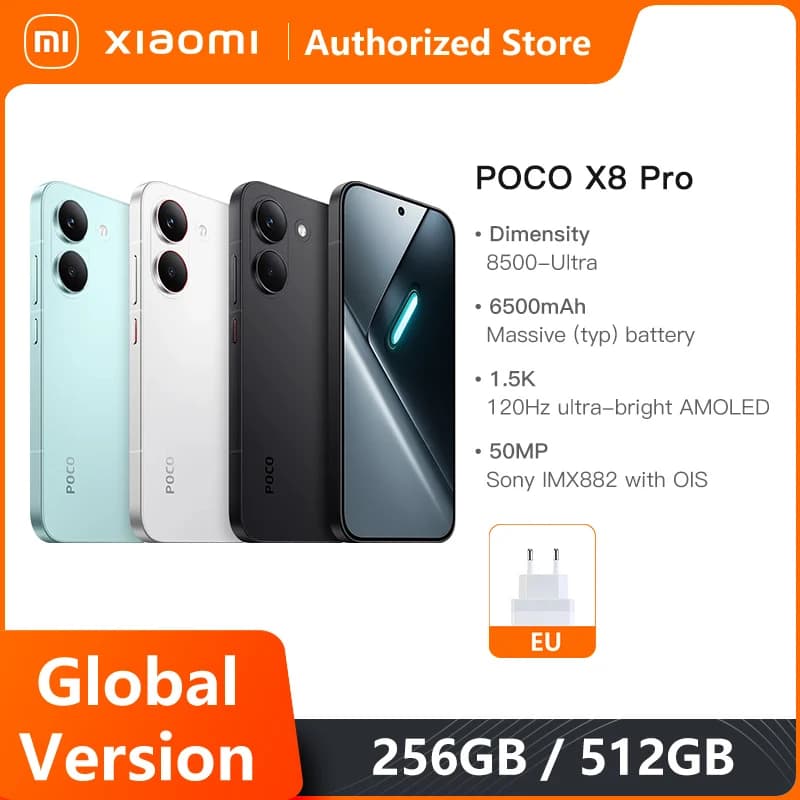 هاتف POCO X8 Pro 5G NFC الإصدار العالمي، معالج Dimensity 8500-Ultra، بطارية 6500 مللي أمبير في الساعة، شاشة AMOLED 6.59 بوصة بدقة 1.5K، شحن 100 واط HypeCharge 2026