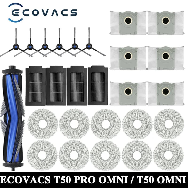 قطع غيار مكنسة روبوت ECOVACS T50 PRO OMNI / T50 OMNI فرش جانبية رئيسية مناشف ممسحة فلاتر HEPA أكياس غبار إكسسوارات