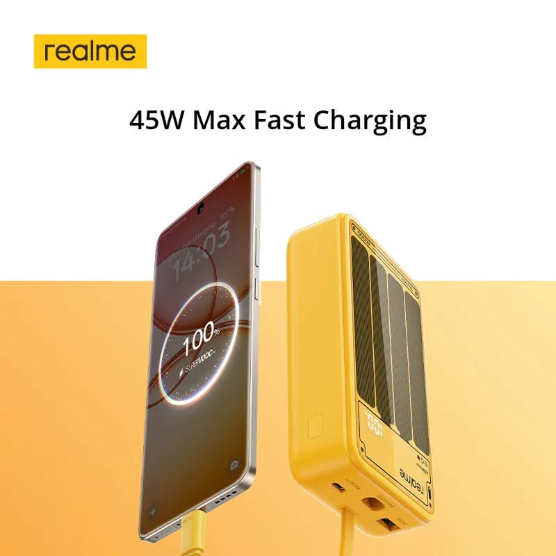بنك طاقة realme TechLife بقدرة 20000 مللي أمبير، شحن سلكي 45 واط، كابل شحن مدمج، 3 منافذ إخراج - 3