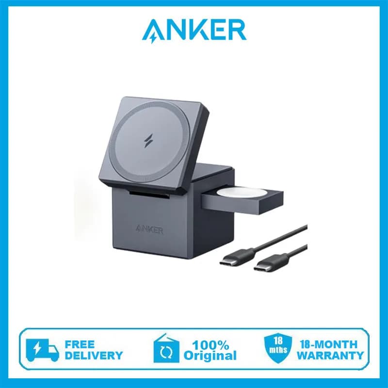 مكعب Anker 3 في 1 مع MagSafe، شاحن لاسلكي عالي السرعة 15 واط، 5 فولت، مع شاحن 30 واط، متوافق مع Magsafe
