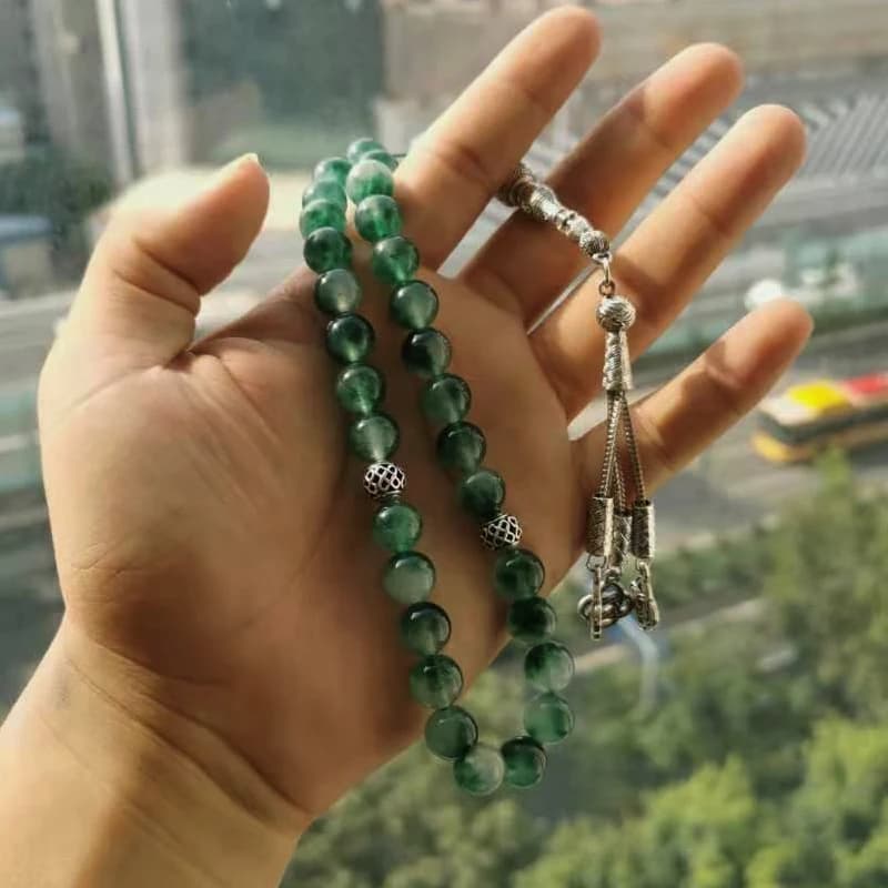 سبحة طبيعية من حجر اليشم الأخضر، إسورة مسبحة، هدية عيد إسلامية، حبات صلاة مسلمة، إكسسوار موضة تركي - 2