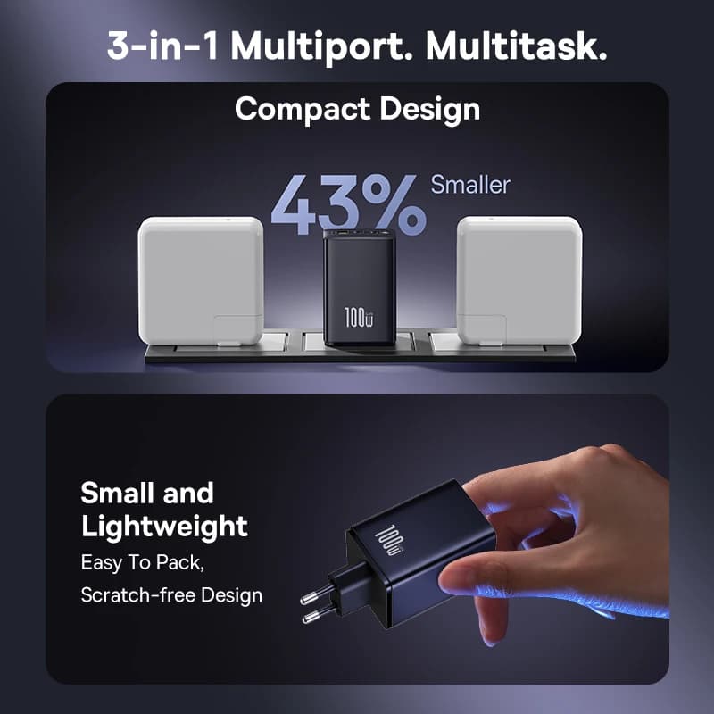 شاحن Baseus 100 واط GaN شحن سريع لهواتف شاومي وسامسونج وآيفون 17 و16 و15، شاحن لأجهزة الكمبيوتر المحمولة والأجهزة اللوحية، شاحن PD مع منفذ USB للشحن - 3
