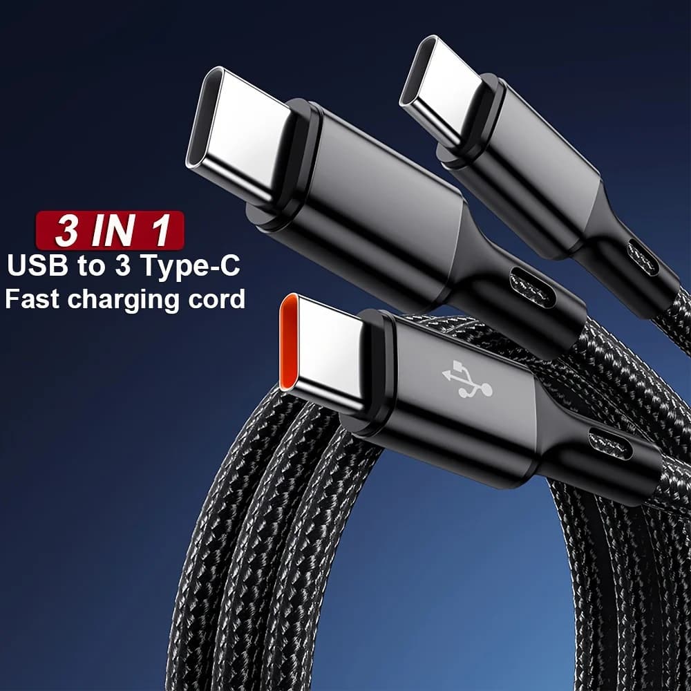 كابل شحن سريع متعدد المنافذ 3 في 1 USB-A إلى 3 × كابل شحن سريع من النوع C 100 وات 6A لهاتف Samsung Galacy S24 Xiaomi Redmi Huawei USB C كابل شحن - 2