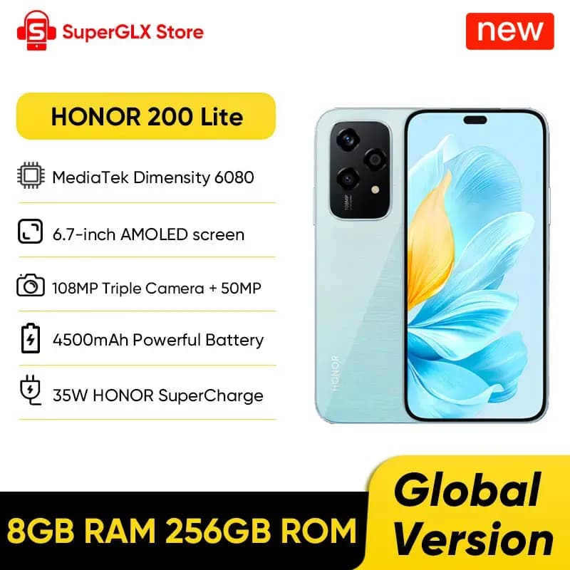 Global Version Original HONOR 200 Lite 256GB ROM 5G Smartphone Mediatek Dimensity 6080 6.7'' 90Hz AMOLED Display 108MP Main Came
