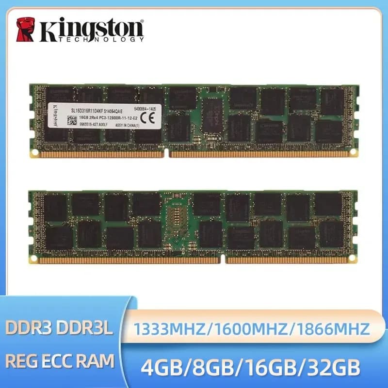 ذاكرة خادم كينجستون DDR3 وDDR3L بسعات 4GB و8GB و16GB و32GB و64GB بترددات 1333MHz و1600MHz و1866MHz نوع ECC REG 2RX4 متوافقة مع PC3-12800R