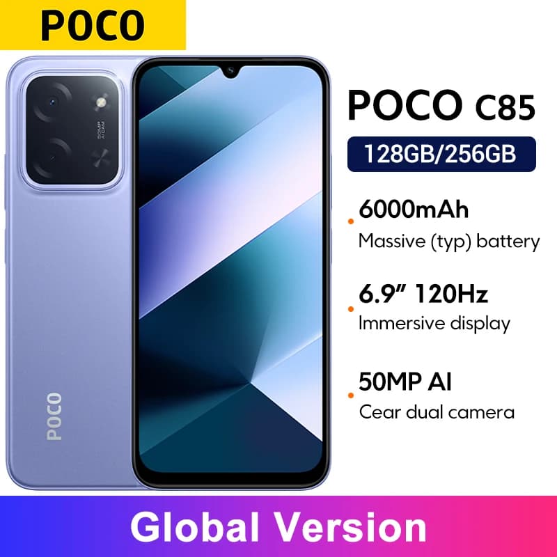 هاتف POCO C85 الإصدار العالمي، شاشة Dot Drop 6.9 بوصة، بطارية 6000 مللي أمبير في الساعة، كاميرا 50 ميجابكسل، شحن 33 واط، معالج Helio G81-Ultra، NFC
